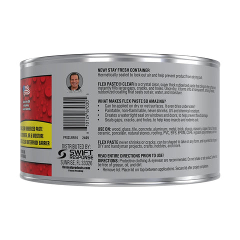 Side view of a half quart container of Flex Paste clear waterproof paintable putty and spackle sealant for filling gaps and cracks.