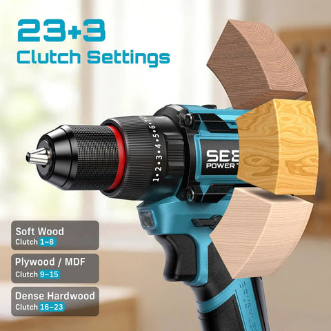 Cordless Drill And Impact Driver Combo Kit For DIY Home Projects With Brushless Motors, 0 To 3250 RPM, 0 To 3450 IPM, 1950 In Lbs Torque, Four Speed Settings, Three Scene Modes, And A Three Eighths Inch Driver Drill, 23 clutch settings