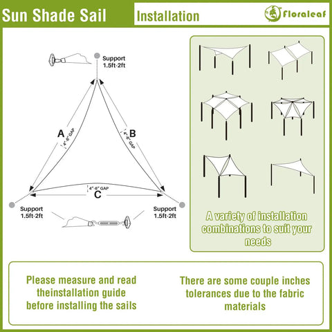 Installation diagram for Beige Triangle Sun Shade Sail 6x6x6 Heavy Duty Canopy UV Block Air Permeable HDPE Shade Cloth.
