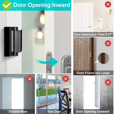 Heavy Duty Home Security Door Reinforcement Lock For Front Door Kid Safe And Kickproof Withstanding 800 Lbs Of Force Metal Deadbolt And Extra Flip Latch Secure Inside Door For Peace Of Mind Home Defender diagram showing proper installation on inward opening door.