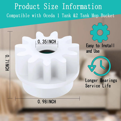 Close-up of 2-Pack Universal Spin Mop Gear Replacement Kit showing dimensions and gear design for Easywring systems.