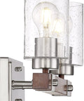 Side view of Arabel Vanity Light Fixture in Brushed Nickel with Nutmeg Wood finish and Clear Seeded Glass, two light bath vanity bar.