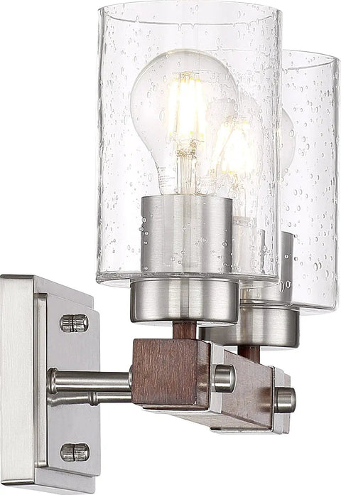 Side view of Arabel Vanity Light Fixture in Brushed Nickel with Nutmeg Wood finish and Clear Seeded Glass, two light bath vanity bar.