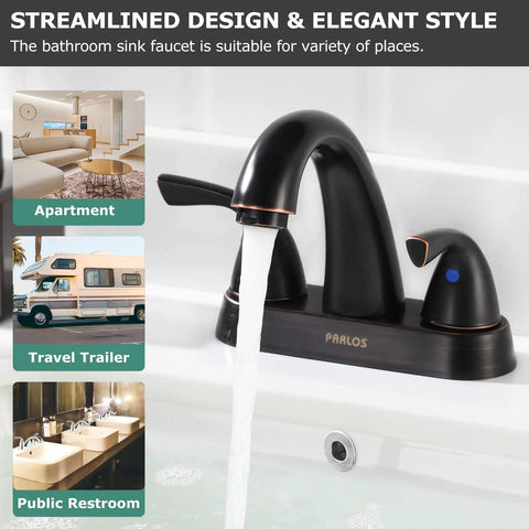Two-Handle Bathroom Sink Faucet With Oil Rubbed Bronze Finish, Lead-Free Deck Mounted, pouring water into a sink; brass construction
