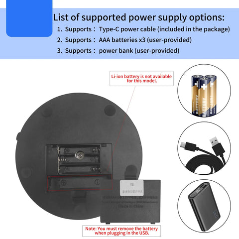 ComXim 4.53 Inch Black Rotating Display Stand Electric Turntable Spinning Platform showing power supply options and battery compartment.