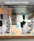 Hefty Aluminum Belt Sander Knife Jig Featuring Smooth Adjustable Angle Grinding Guide for precise angle adjustment mechanism.