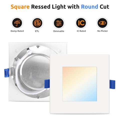 HONZIN 6 Pack 6 Inch Square LED Recessed Lighting, 5CCT, 13W, Dimmable with round back design and blue clips.