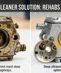 Before-and-after images comparing dirty carburetor versus cleaned carburetor using Top Notch Ultrasonic Cleaner Fluid for Carburetors and Engine Parts.