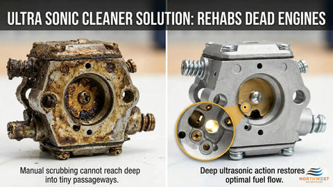 Before-and-after images comparing dirty carburetor versus cleaned carburetor using Top Notch Ultrasonic Cleaner Fluid for Carburetors and Engine Parts.