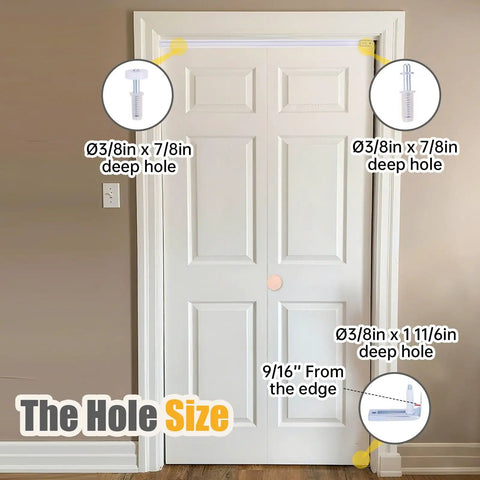 Premium Bifold Closet Door Hardware Kit With Solid One Piece 36 Inch Track showing hole sizes for installation with labeled depth measurements.