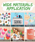 Collage of crafting materials: Cardstock, HTV Vinyl, Patterned Paper, Embossed Cardstock, Special Material, Adhesive Vinyl