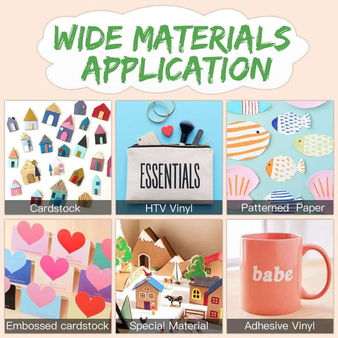 Collage of crafting materials: Cardstock, HTV Vinyl, Patterned Paper, Embossed Cardstock, Special Material, Adhesive Vinyl
