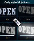 40 Inch By 14 Inch LED Open Sign With Remote Control, Ultra Bright 2500 Lumens shown in varying brightness levels.