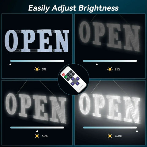 40 Inch By 14 Inch LED Open Sign With Remote Control, Ultra Bright 2500 Lumens shown in varying brightness levels.