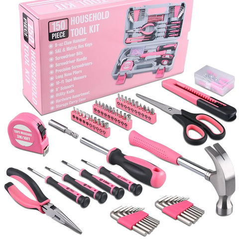 Pink 150 Piece All Purpose Tool Kit In Tool Box Storage Case For DIY Home Repairs And Projects Perfect For Garage Office Dorm And College Use Women Ladies And Girls, shown with various tools spread out