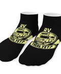 Are We There Yet Ankle Socks Five Pair Pack showing RV graphic and text on black moisture wicking athletic socks