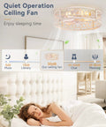 20Inch Caged Low Profile Ceiling Fan With Integrated Light And Remote Control In Refined White Gold Finish Delivers Super Quiet Operation And Effortless Cooling Vibes above a woman sleeping peacefully.