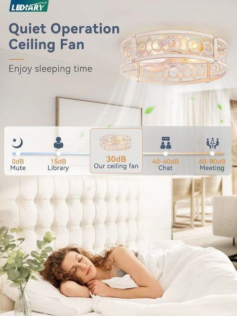 20Inch Caged Low Profile Ceiling Fan With Integrated Light And Remote Control In Refined White Gold Finish Delivers Super Quiet Operation And Effortless Cooling Vibes above a woman sleeping peacefully.