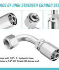 10 Pack Half Inch Hydraulic Hose Fittings 90 Degree JIC 37 Degree Female End Elbow Crimp Fittings for Half Inch ID Hose Durable Carbon Steel Construction Compatible With Weatherhead U Series And Dayco Crimpers made of high strength carbon steel showing crimp connection.
