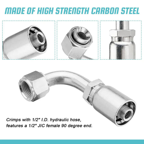 10 Pack Half Inch Hydraulic Hose Fittings 90 Degree JIC 37 Degree Female End Elbow Crimp Fittings for Half Inch ID Hose Durable Carbon Steel Construction Compatible With Weatherhead U Series And Dayco Crimpers made of high strength carbon steel showing crimp connection.