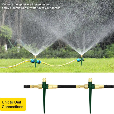 All Metal Lawn Sprinkler System, 2 Pack Auto Yard Sprinklers On Spike Base with Brass Head and Zinc Alloy Body in action on lawn