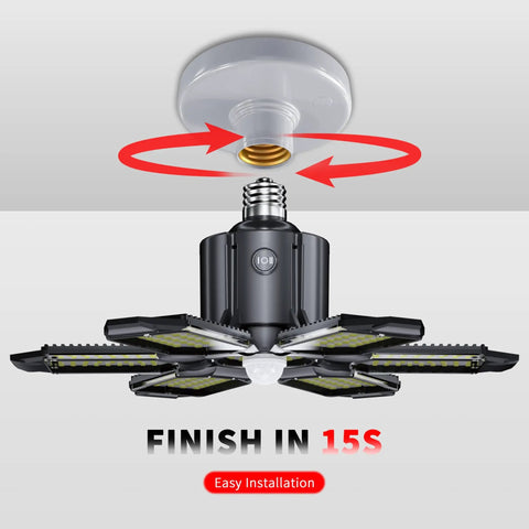 Deformable 200W LED Garage Light With PIR Motion Sensor 20000LM Shop Ceiling Light Motion Activated Brightness No Fuss For Garage Workshop Basement Or Barn No False Triggers Energy Efficient Dual Pack, showing installation process.