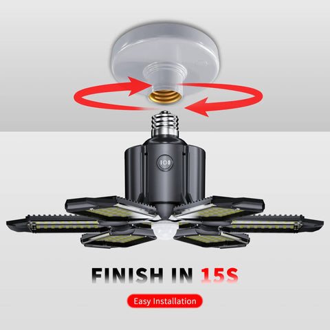 Motion Sensor Garage Light With Upgraded PIR, 20000 Lumen Output 200W Ceiling LED shown for easy E27 installation