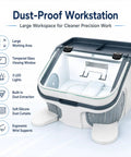 Zhenyuwang Desktop Dental Dust Collector with Bright 3 Sided Shadow Free Led Lights For Precision Work and Easy Tiered Cleanup System, showing large dust-proof workspace.