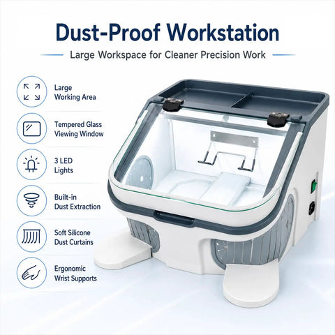 Zhenyuwang Desktop Dental Dust Collector with Bright 3 Sided Shadow Free Led Lights For Precision Work and Easy Tiered Cleanup System, showing large dust-proof workspace.