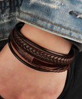 Fresh Brown Braided Leather Bracelet For Men And Women Unisex Premium PU Leather Wristband Jewelry on wrist with denim.