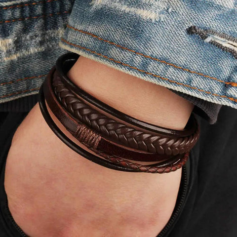 Fresh Brown Braided Leather Bracelet For Men And Women Unisex Premium PU Leather Wristband Jewelry on wrist with denim.