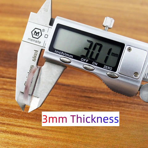 Caliper measuring 3mm thickness of Clear Glass Table Top Anti Slip Bumper Pads 3mm Thick Non Adhesive Rubber Spacers Dots