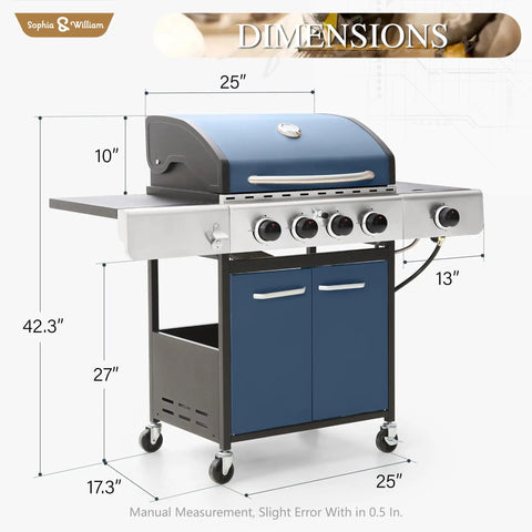 42,000 BTU Propane Outdoor Kitchen 4 Burner Gas Grill With Side Burner And Porcelain Enameled Cast Iron Grates, Cabinet Style Blue