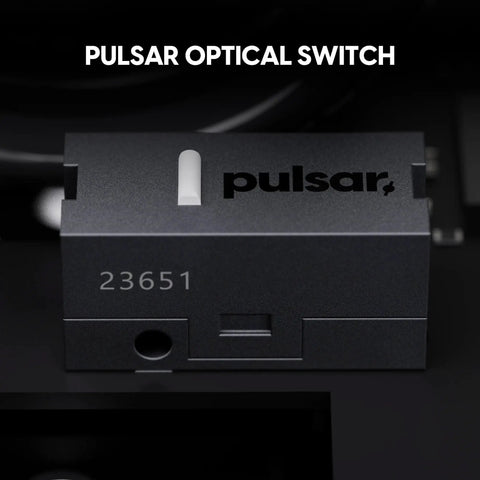 Close-up of Pulsar Optical Switch, showcasing its sleek design, ideal for Ultra Lightweight Wireless Gaming Mouse With Dope Minimalist Build And Tight Sensor Tracking For Rapid Flick Shots And Featherlight Control In Jet Black That Slams Performance.