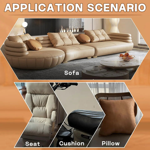 Application scenarios for Leather Repair Patch 3x60In Self Adhesive Tape Kit, featuring sofa, seat, cushion, and pillow.