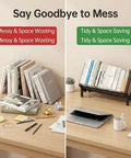 Comparison of messy desk with books versus tidy desk organized with Handy Sturdy Carbon Steel Cookbook Stand For Kitchen Countertop Organizer And Recipe Book Holder Small Shelf Portable Mini Bookcase For Display Cookbooks Kids Reading Office And Home Storage Black.