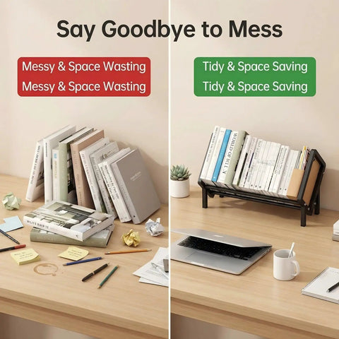 Comparison of messy desk with books versus tidy desk organized with Handy Sturdy Carbon Steel Cookbook Stand For Kitchen Countertop Organizer And Recipe Book Holder Small Shelf Portable Mini Bookcase For Display Cookbooks Kids Reading Office And Home Storage Black.