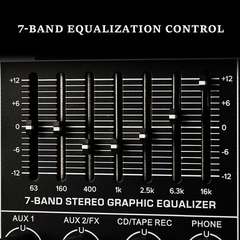 Close-up of 7-band EQ sliders on Six Channel Professional Mixer Console With 320 DSP Effects 7 Band EQ Digital DJ Mixer With USB Bluetooth
