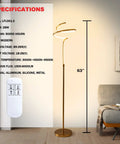 Modern Brass Spiral Floor Lamp With Remote Control, 63 Inch Tall LED 28W, in a living room setting next to a sofa