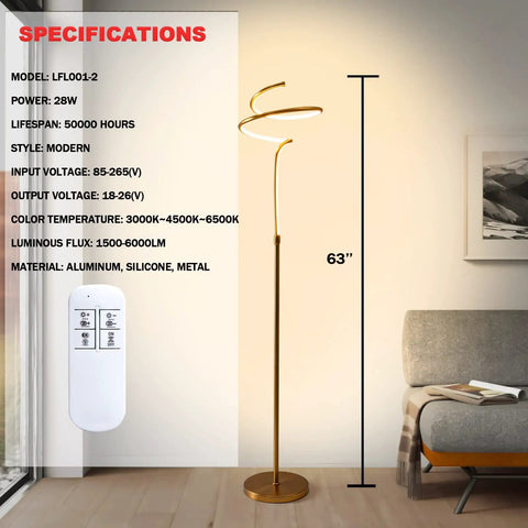 Modern Brass Spiral Floor Lamp With Remote Control, 63 Inch Tall LED 28W, in a living room setting next to a sofa