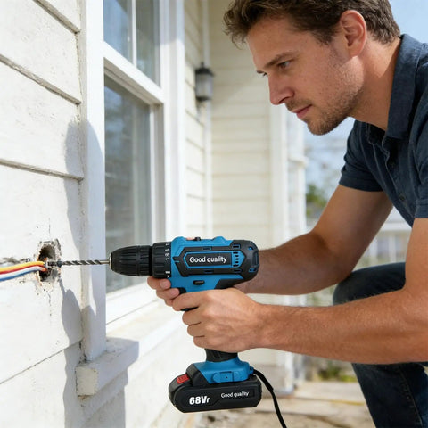 Heavy Duty Cordless Drill Set With 21V Rechargeable Battery And Brushless Motor Delivers Serious Punch For Concrete And Metal With Two Speed Settings Making It A Built Like A Tank Power Tool For Real Projects Or Weekend Hustle Zero Hassle Guaranteed, being used to drill into a wall.
