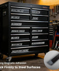 Heavy Duty Magnetic Toolbox Labels Set, 12 Pack Red, 3D Breaker Style, For Quick Organization Of Toolboxes, Carts, Drawers And Cabinets, With Ultra Strong Neodymium Core Magnets And Non Slip Hold For Your Garage Boss on black cabinets in workshop