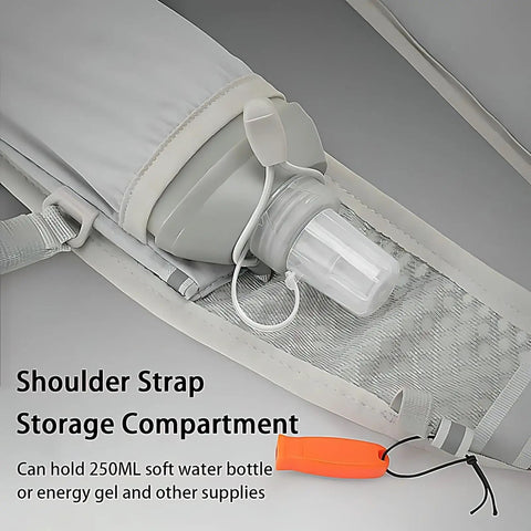 Close-up of shoulder strap storage compartment on Go-To Hydration Vest Backpack For Runners And Cyclists, Ultra Lightweight Water Bladder Pack