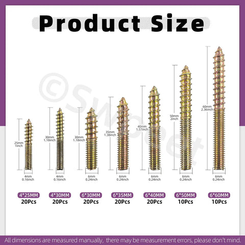 Heavy Duty Zinc Plated Hanger Bolts Assortment Kit Double Ended Dowel Screws For Wood Furniture Assembly size chart display.