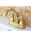 Old School English Vintage Center Set Lavatory Faucet In Brushed Nickel, Two Handle Drip Free Ceramic Cartridge, side view on sink