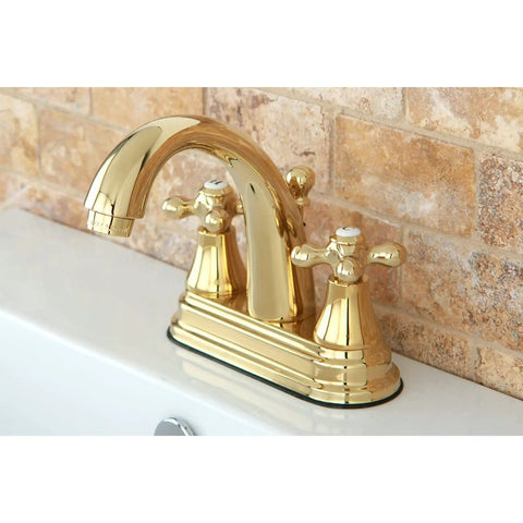 Old School English Vintage Center Set Lavatory Faucet In Brushed Nickel, Two Handle Drip Free Ceramic Cartridge, side view on sink