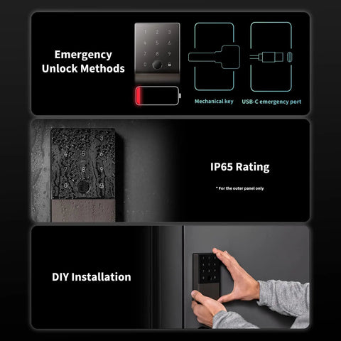 Emergency unlock methods and installation instructions for Slick Apple Home Key Smart Door Lock With Quick Scan Fingerprint Reader.