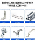 Straight Up Heavy Lifters Aluminum Standing Seam Roof Clamps with L, Sliding, U, Rail, Cable Clip, and Adjustable Tilt Brackets.