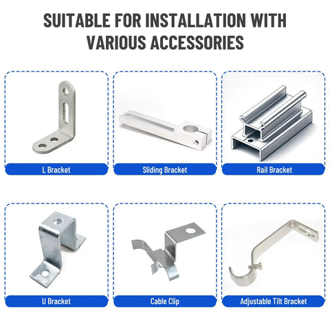 Straight Up Heavy Lifters Aluminum Standing Seam Roof Clamps with L, Sliding, U, Rail, Cable Clip, and Adjustable Tilt Brackets.