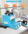 Heavy Duty Industrial Steam Iron Station With Pressurized Continuous Flow And Massive Four Liter Tank on ironing table with adjustable features.
